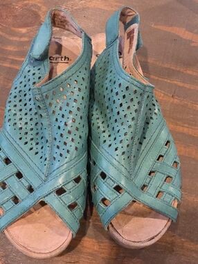 Earth Teal Perforated Leather Peep-Toe Slingback Sandals